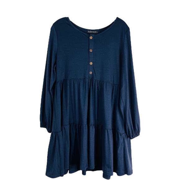 Sarin Mathews Dresses & Skirts - Sarin Mathews blue stretch tier button ruffle prairie midi dress medium